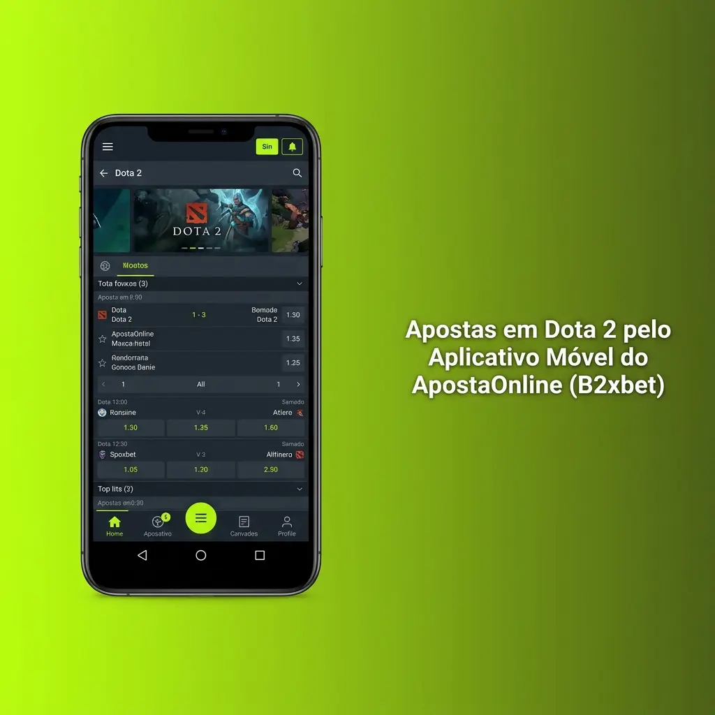 Aplicativo ApostaOnline B2xbet aberto em smartphone mostrando apostas ao vivo em Dota 2
