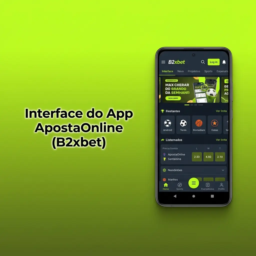 Interface do app ApostaOnline B2xbet com menus intuitivos para cassino, esportes, depósito e saque no celular